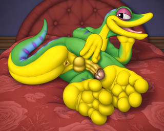 anthro anus balls bed bedroom_eyes butt erection feet foot_focus furniture genitals green_body green_scales half-closed_eyes humanoid_genitalia humanoid_penis looking_at_viewer lying male narrowed_eyes nude on_bed on_side open_mouth penis presenting presenting_hindquarters scales seductive smile solo tail tail_anus tailbutt thick_tail toes tongue tongue_out dracovar_valeford gex_(series) gex_the_gecko gecko lizard reptile scalie absurd_res digital_media_(artwork) hi_res