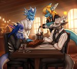 alcohol anthro beverage chef_uniform classy clothing dinner fancy_clothing female food group male meat restaurant tail talking_to_another wine miosha mythology hydryl inika keinos sanlich divenka dragon mythological_creature mythological_scalie scalie 2023 hi_res