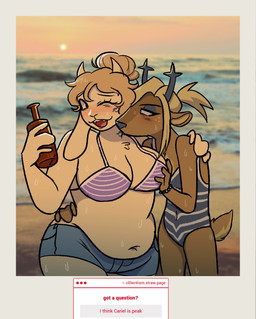 aged_down anthro bead belly big_breasts bikini blonde_hair blue_eyeshadow blush blush_lines bottomwear bracelet breast_grab breasts brown_body brown_fur chest_tuft clothing duo eyelashes eyeshadow female female/female freckled_face freckles fur glass_bottle hair hand_on_breast horn hotpants jewelry long_ears long_eyelashes makeup one-piece_swimsuit overweight overweight_anthro overweight_female seaside shorts slim_anthro slim_female swimwear tear_trough tuft two-piece_swimsuit cl0wntism deltarune undertale_(series) carol_holiday toriel bovid caprine deer goat mammal new_world_deer reindeer hi_res