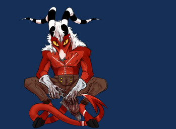 anthro blood bodily_fluids clothed clothing crouching food hair hooves horn looking_at_viewer male meat red_body red_skin simple_background solo topless topless_male transparent_background white_hair puppy_meats hellaverse helluva_boss croc_(rottingxrooster) fan_character demon imp alpha_channel hi_res