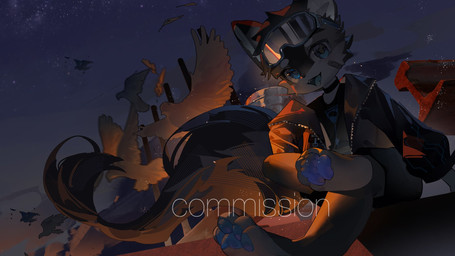 anthro blue_eyes blue_pawpads clothing eyewear eyewear_on_head fangs goggles goggles_on_head jacket kemono looking_at_viewer male night open_mouth outside pawpads rooftop sitting sky solo star starry_sky teeth topwear young young_anthro young_male emolga_1 mammal 16:9 2024 chinese_description hi_res watermark widescreen