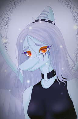 amber_eyes anthro biped black_clothing black_topwear blue_body bodily_fluids bone_frill breasts choker close-up clothed clothed_anthro clothed_female clothing eyebrows feathered_wings feathers female foggy_background frill_(anatomy) grey_body grey_feathers grey_hair hair jewelry long_hair looking_at_viewer makeup markings medium_breasts necklace non-mammal_breasts outside raised_inner_eyebrows running_makeup sad_smile smile solo striped_markings stripes tears topwear wings louiss. cavemanon_studios goodbye_volcano_high ko_op_(game_developer) snoot_game fang_(gvh) prehistoric_species pterosaur reptile scalie 2025 absurd_res half-length_portrait hi_res portrait