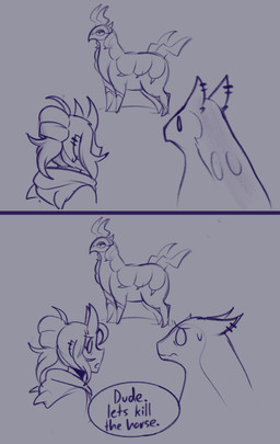 bodily_fluids dialogue female feral group horn looking_at_another sweat sweatdrop text trio worried giidenuts adventure_time cartoon_network nintendo pokemon carrie_(giidenuts) typhy_(giidenuts) demon demon_humanoid generation_2_pokemon generation_5_pokemon humanoid mammal pokemon_(species) scolipede typhlosion absurd_res comic english_text hi_res meme monochrome redraw sketch