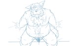 anthro belly blush bodily_fluids cum cum_on_belly cum_on_body genital_fluids genitals kemono male mature_male moobs navel nipples overweight overweight_male penis sitting solo oogamikennta canid canine canis domestic_dog mammal 16:10 2023 blue_and_white censored monochrome widescreen