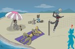 ambiguous_gender anthro ball beach beach_umbrella bent_legs bikini black_clothing black_nose black_pawpads blue_stripes breasts brown_body brown_clothing brown_fur brown_stripes bucket clothed clothing cloud container curled_up digitigrade dipstick_tail exclamation_point eye_scar eyes_closed facial_scar female fetal_pose fur grey_body group hand_mirror hand_on_leg hands_behind_head inner_ear_fluff jumping leg_markings legs_together looking_aside looking_away lying lying_on_ground male markings mirror mountain multicolored_body multicolored_fur multicolored_tail navel net on_ground one-piece_swimsuit outside parasol pawpads paws red_clothing relaxing sand sand_castle scar scared sculpture sea seaside shadow sky smile socks_(marking) sport striped_body striped_fur stripes sunbathing swimwear tail tail_markings tan_body tan_fur towel trowel tuft two-piece_swimsuit volleyball volleyball_(ball) volleyball_net water white_clothing white_paws yellow_body yellow_fur flawedspirit autumnflower_(game) bailey_(autumnflower) kyron_farspire lif_trygg mercia_autumnflower sixty_(autumnflower) twelve_(autumnflower) canid canine canis demon domestic_cat felid feline felis fennec_fox fox humanoid mammal true_fox wolf 2021 absurd_res digital_drawing_(artwork) digital_media_(artwork) hi_res shaded