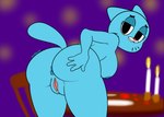 anthro anus big_breasts blue_body blue_fur blue_nipples breasts butt candle female fur furniture genitals humanoid_genitalia humanoid_pussy inside nipples nude presenting presenting_hindquarters pussy slightly_chubby solo table skadog cartoon_network the_amazing_world_of_gumball nicole_watterson domestic_cat felid feline felis mammal 2022 digital_drawing_(artwork) digital_media_(artwork) hi_res signature