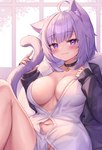 5_fingers bedroom_eyes big_breasts blush breasts clothing collar female fingers full_cleavage hair hand_on_tail inner_ear_fluff jacket looking_at_viewer narrowed_eyes navel purple_eyes purple_hair seductive short_hair smile solo tail topwear tuft wide_hips window deaver hololive vtuber okayu_nekomata animal_humanoid cat_humanoid felid felid_humanoid feline feline_humanoid humanoid mammal mammal_humanoid 2021 digital_media_(artwork) hi_res shaded