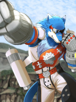 anthro blue_body blue_fur eyewear fur jet_pack male mecha_fist muscular muscular_anthro muscular_male punch scar solo sunglasses yellow_eyes nukumorigakari bandai_namco digimon canid canine canis digimon_(species) machgaogamon mammal wolf hi_res