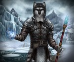 anthro armor black_hair blue_eyes electricity electricity_manipulation elemental_manipulation facial_markings fur fur_markings grey_body grey_fur hair head_markings ice_floe lightning magic magic_staff male markings pouch_(clothing) ruins smile snow solo staff waterfall winter zouletsentiment bethesda_game_studios microsoft skyrim the_elder_scrolls korvus canid canine canis lykaios_(tes_mod) mammal wolf absurd_res hi_res