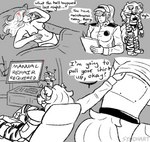 2022 animatronic anthro assisted_exposure bed breasts canid canine canis clothed clothing comic dialogue digital_media_(artwork) duo ellipsis english_text female female/female five_nights_at_freddy's five_nights_at_freddy's:_security_breach furniture hat headgear headwear hi_res human human_on_anthro interspecies machine mammal nipples partially_clothed question_mark questioning_ellipsis robot roxanne_wolf scottgames size_difference steel_wool_studios syndhart text undressing uniform vanessa_(fnaf) wolf