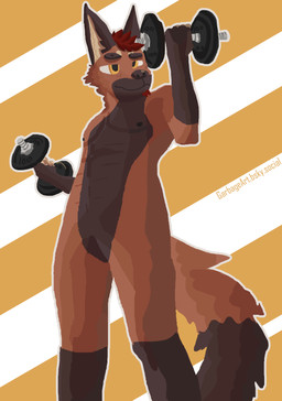 5_fingers abs abstract_background anthro athletic beard brown_body brown_ears brown_eyebrows brown_fur brown_nose brown_tail_tip dipstick_tail dumbbell ear_tuft exercise eyebrows facial_hair fingers flexing fur hair inner_ear_fluff leg_markings lifting_dumbbell male markings nipples orange_background orange_body orange_eyes orange_fur orange_tail outline pattern_background red_beard red_facial_hair red_hair showing_off_muscles simple_background socks_(marking) solo standing striped_background tail tail_markings tan_body tan_fur tuft weightlifting weights white_background white_outline workout garbage_art ginger_(gingerfoxo) canid canine fox mammal absurd_res cel_shading digital_media_(artwork) hi_res shaded