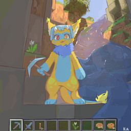3_toes 4_fingers anthro armor blue_body blue_fur cookie cute_fangs dirt exploring fangs feet female fingers flower food fur grass headgear helmet heterochromia horn inner_ear_fluff inventory meat melee_weapon open_mouth pickaxe pickaxe_(minecraft) plant sky solo sword teeth toes tongue torch tree tuft water weapon white_body white_fur yellow_body yellow_fur basilbxun microsoft minecraft mojang mythology xbox_game_studios dragon furred_dragon furred_scalie mythological_creature mythological_scalie scalie 1:1 hi_res