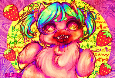 baby_talk blood blood_from_mouth blood_in_mouth blood_on_mouth bodily_fluids eyebrows eyelashes female female_feral feral food front_view fruit fur gore green_eyebrows hair hooves loli open_mouth orange_eyes pigtails pink_body pink_fur plant ringed_eyes sharp_teeth smile strawberry teal_hair teeth text tied_hair yellow_hooves young young_female young_feral le_saturna fluffy_pony fluffy_pony_(species) mammal 2021 artist_name digital_media_(artwork) english_description english_text hi_res shaded