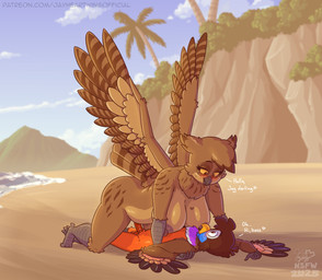 5_fingers all_fours anthro areola back_wings balls beach beak bedroom_eyes big_breasts blush blush_lines breasts brown_body brown_feathers day detailed_background dialogue duo erection eye_contact eyelashes feathers female female_on_top fingers freckled_face freckles genitals heart_(marking) interspecies larger_female long_eyelashes looking_at_another lying male male/female male_on_bottom markings mole_(marking) narrowed_eyes nipples non-mammal_balls non-mammal_nipples nude on_back on_bottom on_top orange_body orange_feathers outdoor_nudity outside penis scuted_arms scuted_feet scuted_hands scuted_legs scutes seductive size_difference spread_wings tail tail_feathers text winged_arms wings sammfeatblueheart city_feathers jay_(sammfeatblueheart) olivia_(sammfeatblueheart) avian bird owl trogon trogonid 2025 digital_media_(artwork) english_text hi_res url