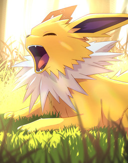 3_toes ambiguous_feral ambiguous_gender black_nose bodily_fluids day digitigrade eyes_closed fangs feet feral fur grass light open_mouth outside paws pink_tongue plant purple_inner_ear quadruped ruff snout solo sunlight tears teeth tired toes tongue tree white_body white_fur yawn yellow_body yellow_ears yellow_fur rumine nintendo pokemon canid canine eeveelution generation_1_pokemon jolteon mammal pokemon_(species) 2025 hi_res lighting shaded