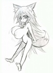 big_breasts blush breasts female fox_tail looking_at_viewer nipples nude simple_background solo tail white_background arekishi animal_humanoid canid canid_humanoid canine canine_humanoid fox fox_humanoid humanoid mammal mammal_humanoid greyscale monochrome sketch