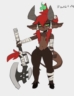 arm_wraps axe breasts brown_body brown_fur brown_nipples female fur green_eyes holding_object holding_weapon hooves horn leg_wraps looking_away melee_weapon mostly_nude navel nipples no_pupils pigtails simple_background solo standing weapon white_background wraps yellow_sclera stylusknight cicely demon satyr full-length_portrait portrait