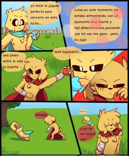 anthro black_sclera cape clothing dialogue duo male male/male tail text yellow_body young yakav mike.exe mikecrack canid canine canis domestic_dog hybrid mammal comic hi_res spanish_text translated