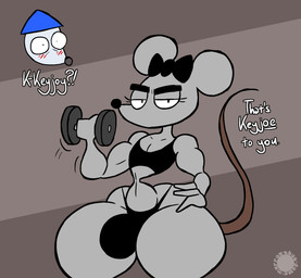 anthro black_bow_tie black_clothing black_crop_top black_shirt black_thong black_topwear black_underwear blue_clothing blue_hat blue_headwear blush blush_lines bottom_heavy bow_tie bulge clothing crop_top crossgender curvy_figure dialogue disembodied_head dumbbell duo exercise eyebrows eyelashes femboy fur geometric_background grey_body grey_fur half-closed_eyes hand_on_hip hat headgear headwear holding_dumbbell holding_object logo looking_at_viewer male mouthless narrowed_eyes navel raised_tail shirt simple_background small_waist tail text thick_eyebrows thick_thighs thong topwear underwear weightlifting weights wide_hips workout thatdawgmurray keyjoy_(floofy-nerd) lockwight_(floofy-nerd) mammal mouse murid murine rodent artist_logo artist_name english_text signature watermark