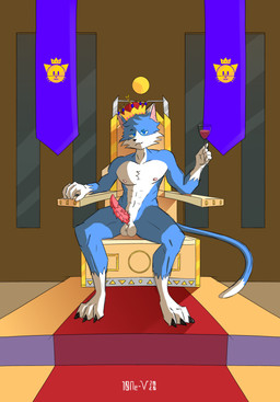 alcohol anthro ball_tuft balls banner beverage blue_body blue_fur chair chest_tuft container crown cup drinking_glass fur furniture genitals glass glass_container glass_cup headgear looking_at_viewer male muscular muscular_male nipples penis red_carpet solo spiked_penis spikes spikes_(anatomy) throne tuft window wine wine_glass 10ne-v domestic_cat felid feline felis mammal absurd_res hi_res
