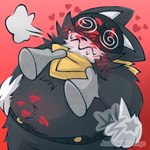 anthro belly belt black_body black_fur black_nose blush blush_lines bodily_fluids disembodied_hand embarrassed fur heart_symbol holding_character kerchief kiss_mark male mask overweight overweight_male scarf solo spiral_eyes sweat unconscious utility_belt white_body white_fur justwatchingthings persona_(series) persona_5 morgana_(persona) domestic_cat felid feline felis mammal tuxedo_cat 1:1 hi_res