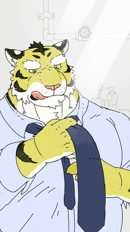 anthro biped clothing dressing humanoid_hands kemono male necktie overweight overweight_male pink_nose shirt solo tongue tongue_out topwear yellow_body hodol felid mammal pantherine tiger 2015
