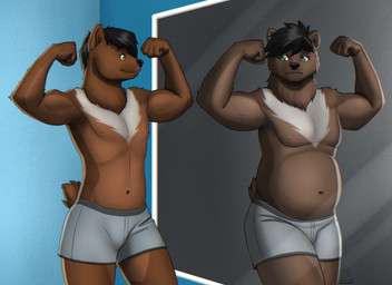 anthro biped clothed clothed_anthro clothed_male clothing fingers front_view fur hair inside male mirror navel nipples smile solo standing tail mykegreywolf bear mammal 2026 absurd_res digital_drawing_(artwork) digital_media_(artwork) hi_res