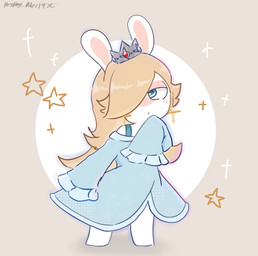 anthro bent_arm blonde_hair blue_eyes blue_pupils circle clothed clothed_anthro clothed_female clothing crown dress ear_piercing featureless_legs female female_anthro fur gem grey_background grey_outline hair hair_over_eye half-closed_eyes headgear light long_ears long_hair narrowed_eyes noseless open_mouth outline piercing pupils ruby_(gem) sapphire_(gem) simple_background sleeves_past_fingers solo standing star_(shape) star_ear_piercing straight_arm tan_eyelids tan_inner_ear teal_clothing teal_dress text white_body white_fur peypey_mei1925 mario_bros mario_plus_rabbids_sparks_of_hope nintendo raving_rabbids rayman_(series) ubisoft rabbid_rosalina lagomorph mammal rabbid 2025 artist_name colored crossover digital_drawing_(artwork) digital_media_(artwork) full-length_portrait lighting portrait shaded