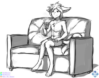 anthro beverage bottomwear chest_tuft clothed clothing container cup furniture holding_beverage holding_object male on_sofa pants shorts simple_background sitting smile sofa solo topless tuft matz_the_kames twokinds keith_keiser basitin mammal absurd_res hi_res monochrome sketch