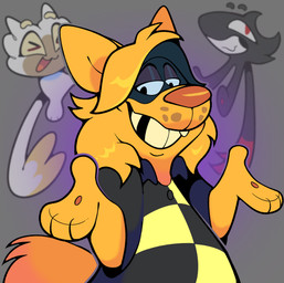 anthro clothing female freckles gesture group hair male missing_tooth shirt shrug simple_background topwear trio dragonpatches angel cherub domestic_cat felid feline felis mammal tabby_cat absurd_res hi_res