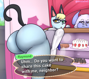 :3 anthro big_butt black_tail blonde_hair blush bottomless bottomless_anthro bottomless_male butt cake clothed clothing collared_shirt dessert detailed_background dialogue double_entendre dress_shirt eyewear food fur glasses grey_body grey_fur hair heterochromia huge_butt innuendo looking_back male necktie partially_clothed pastry presenting presenting_hindquarters raised_tail shirt smug solo tail text thick_thighs topwear topwear_only nicolaowo animal_crossing nintendo pokemon nicola_(nicolaowo) raymond_(animal_crossing) absol domestic_cat felid feline felis generation_3_pokemon mammal pokemon_(species) 2021 english_text hi_res