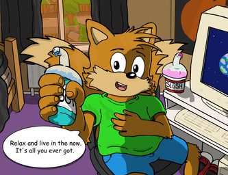2_tails anthro bedroom brown_body brown_fur cathode_ray_tube chair cheek_tuft clothed clothed_anthro clothed_male clothing computer computer_keyboard crt_monitor desk drinking electronics facial_tuft fur furniture gaming happy holding_object inside looking_at_viewer male multi_tail multicolored_body multicolored_fur open_mouth relaxing shirt shoes_removed sitting solo speech_bubble summer t-shirt table tail talking_to_viewer text topwear tuft two_tone_body two_tone_fur window clb91 sega sonic_the_hedgehog_(series) miles_prower canid canine fox mammal english_text