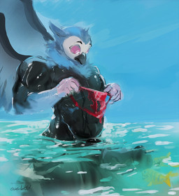 ambiguous_feral ambiguous_gender animal_genitalia animal_penis anthro balls beak black_balls black_beak black_body black_penis blue_body blue_wings clothing equine_genitalia equine_penis feathered_wings feathers feral genitals group holding_clothing holding_object male male_anthro medial_ring nude outside partially_submerged penis standing striped_body stripes torn_clothing trio vein veiny_penis wings yellow_body oselotti aquatic avian fish 2025 hi_res signature