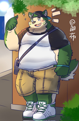 anthro backwards_baseball_cap backwards_hat baseball_cap belly blush bottomwear clothing footwear fur green_body green_fur hat headgear headwear male messenger_bag overweight shirt shoes shorts sneakers solo t-shirt topwear wristband lang_bu60726 lifewonders live_a_hero mokdai canid canine canis domestic_dog mammal hi_res