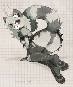 3_toes anthro anus black_pawpads blush breasts bubble butt chest_tuft clothed clothing drunk drunk_bubble ear_piercing ear_ring feet female fur genitals grey_body grey_fur leggings legwear looking_at_viewer markings nipples no_underwear partially_clothed pawpads piercing pink_nipples presenting presenting_hindquarters raised_tail ring_piercing solo striped_markings striped_tail stripes substance_intoxication tail tail_markings thigh_highs toeless_legwear toes torn_clothing torn_leggings torn_legwear tuft upskirt vulva waspsalad felid feline mammal hi_res