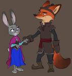 anthro clothed clothing cosplay duo female fur male simple_background vatvyr disney frozen_(disney) zootopia anna_(frozen) judy_hopps kristoff_(frozen) nick_wilde canid canine fox lagomorph leporid mammal rabbit red_fox true_fox crossover hi_res