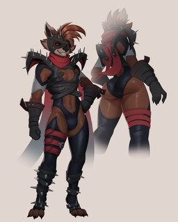 3_toes alternate_costume anthro big_butt black_claws black_clothing black_gloves black_handwear black_inner_ear black_legwear brown_body brown_fur brown_hair bulge butt claws cleavage_cutout clothing clothing_swap cutout feet femboy fist front_view fur gloves grey_body grey_fur hair hand_on_hip handwear legwear low-angle_view male multiple_angles rear_view red_clothing red_gloves red_handwear solo spiked_clothing spikes thick_thighs toe_claws toeless_legwear toes kyrimmart guardians_of_the_galaxy marvel malice_(marvel) rocket_raccoon mammal procyonid raccoon absurd_res hi_res