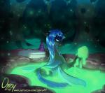 blue_eyes blue_hair changeling_goo fangs female glowing hair mud solo sparkles teeth text towel omny87 friendship_is_magic hasbro my_little_pony fan_character arthropod changeling url