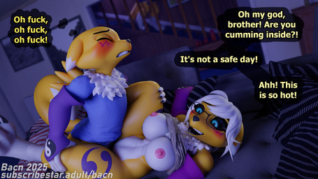 anthro areola big_breasts black_sclera blush bodily_fluids bottomless breasts brother_cumming_in_sister brother_penetrating_sister clothed clothing clothing_lift cum cum_in_vagina cum_inside detailed_background dialogue eyewear female female_penetrated fingers fur furniture genital_fluids glasses group hair huge_breasts impregnation_attempt impregnation_risk inside lying male male/female male_penetrating male_penetrating_female nipples on_back open_mouth partially_clothed penetration penile profanity risky_sex sex shirt shirt_lift smile sofa sofa_sex speech_bubble tail text thought_bubble topwear trio vaginal vaginal_penetration walk-in white_body white_fur yellow_body bacn bacn_(modeler) bandai_namco blender_cycles digimon renamon_(bacn) renny_(bacn) canid canine digimon_(species) fox mammal renamon 16:9 2025 3d_(artwork) 4k absurd_res blender_(artwork) digital_media_(artwork) english_text hi_res widescreen brother_(lore) brother_and_sister_(lore) incest_(lore) sibling_(lore) sister_(lore)