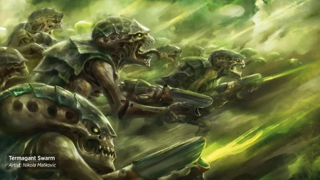 ambiguous_gender cheek_window exoskeleton group gun holding_gun holding_object holding_ranged_weapon holding_weapon open_mouth ranged_weapon running shooting_gun side_view smoke teeth tongue tongue_out weapon nikola_matkovic hasbro magic:_the_gathering warhammer_(franchise) warhammer_40000 wizards_of_the_coast termagant tyranid 2022 digital_media_(artwork) official_art