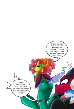 anthro blush butt clothing costume custom dialogue duo female holidays male pokemon_costume simple_background speech_bubble white_background boastudio friendship_is_magic halloween hasbro my_little_pony mythology nintendo pokemon princess_ember_(mlp) thorax_(mlp) changeling dragon mythological_creature mythological_scalie scalie hi_res