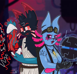 3_fingers anthro anthrofied big_ears blue_body blurred_background breasts clothed clothing duo eyelashes eyewear facial_tuft female fin fingers freckles fur glistening gloves goggles handwear jewelry makeup male multicolored_body pendant pose robe suspenders tattoo tuft jizothewanderer rain_world videocult inv_(rain_world) rivulet_(rain_world) slugcat hi_res meme