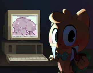 accessory anthro big_breasts blush blush_lines bow_tie breasts computer computer_mouse duo electronics embarrassed eyebrows fangs female hand_on_breast holding_breast holding_object inside keyboard looking_at_viewer looking_back male monotone_body orange_body pie_cut_eyes sitting tail teeth tobacco_pipe tuft mu_(artist) ritz_(mu) felid human mammal prehistoric_species saber-toothed_tiger 2022 colored digital_drawing_(artwork) digital_media_(artwork)