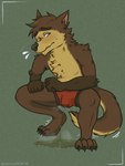 anthro bodily_fluids clothing desperation genital_fluids male male_peeing omorashi peeing solo underwear urine watersports wetting roadkillcircus cerffou canid canine canis mammal wolf 3:4 hi_res