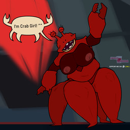 anthro big_breasts breasts claws dialogue female happy name_in_dialogue nipples nude red_body red_breasts simple_background slightly_chubby slightly_chubby_female solo species_in_dialogue speech_bubble text spicysoda gameoverse glitch_productions patreon crab_girl_(gameoverse) aquatic arthropod crab crustacean decapod malacostracan 1:1 2026 artist_name colored digital_drawing_(artwork) digital_media_(artwork) english_text hi_res signature watermark
