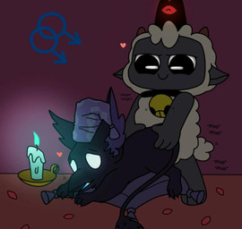 3_toes 4_fingers accessory age_difference anal anal_penetration anthro anthro_on_anthro anthro_penetrated anthro_penetrating anthro_penetrating_anthro beak bell bell_accessory big_ears biped black_beak black_body black_clothing black_crown black_fur black_hat black_headwear black_tail black_tail_tuft candle candlestick claws clothing collar crown duo_focus empty_eyes feet finger_claws fingers from_behind_position fur gender_symbol glowing glowing_eyes group hat hat_only headgear headgear_only headwear headwear_only heart_symbol hindpaw horn looking_down looking_down_at_another lying male male/male male/male_symbol male_symbol mostly_nude mostly_nude_anthro mostly_nude_male narrowed_eyes nightcap obscured_penetration obscured_sex on_front on_pillow onomatopoeia open_beak open_mouth pattern_clothing pattern_hat pattern_headgear pattern_headwear paws penetration penile penile_penetration pillow plap prone_bone_position purple_clothing purple_hat purple_headwear purple_inner_ear semi-anthro sex sexuality_symbol small_claws smile sound_effects symbol tail tail_tuft text three-quarter_view toe_claws toes trio tuft white_body white_eyes white_fur white_tail white_wool wool_(fur) young young_anthro young_male young_penetrated younger_penetrated worthlesstoy cult_of_the_lamb deadlock_(game) massive_monster_(studio) mythology valve lamb_(cult_of_the_lamb) red_crown_(cult_of_the_lamb) rem_(deadlock) animate_inanimate avian bovid caprine chimera dream_creature gryphon mammal mythological_avian mythological_creature sheep 2026 hi_res