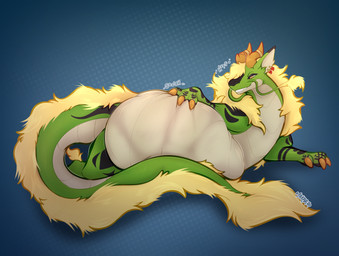 abdominal_bulge belly big_belly claws feral feral_pred fur horn huge_belly looking_at_belly lying male on_side onomatopoeia oral_vore paw_on_belly scales simple_background solo sound_effects tail text ventral_scales vore makar-ro mythology dragon furred_dragon furred_scalie mythological_creature mythological_scalie scalie hi_res