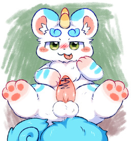 animal_genitalia animal_penis arm_markings balls blue_body blue_ear_tips blue_eyebrows blue_fur blue_tail blush blush_lines censor_bar dipstick_ears ear_markings erection eyebrows feet feet_in_air feral fur genitals green_eyes horn inner_ear_fluff lying male markings multicolored_body multicolored_ears multicolored_fur on_back open_mouth pawpads paws penis pink_inner_ear round_ears simple_background smile solo tail tongue tongue_out tuft two_tone_body two_tone_fur white_body white_fur unknown_artist asian_mythology chinese_mythology east_asian_mythology fabulous_beasts fenz_(studio) mythology tianlu_(fabulous_beasts) canid canine mammal mythological_creature pixiu absurd_res censored digital_media_(artwork) hi_res