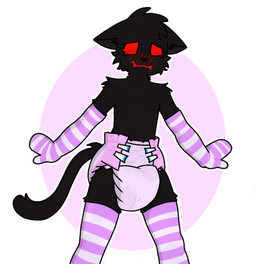 ambiguous_gender anthro arms_out armwear black_body black_fur blush cat_tail clean_diaper clothed clothing diaper ears_down elbow_gloves femboy fur gloves handwear knock-kneed legwear nervous nervous_smile pattern_armwear pattern_clothing pattern_elbow_gloves pattern_gloves pattern_handwear pattern_legwear pattern_stockings pattern_thigh_highs pink_diaper pivoted_ears raised_arms red_eyes shy simple_background solo standing stockings striped_armwear striped_clothing striped_elbow_gloves striped_gloves striped_handwear striped_legwear striped_stockings striped_thigh_highs stripes thigh_highs toothy_grin toothy_smile wearing_diaper carverthemoth felid feline mammal 2026 colored digital_drawing_(artwork) digital_media_(artwork) portrait shaded simple_shading three-quarter_portrait