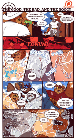 anthro black_border black_nose black_text border bottomwear briefs bucket bulge clothing container cowboy cowboy_hat denim denim_bottomwear denim_clothing detailed_bulge dialogue genital_outline group hat headgear headwear jeans male pants penis_outline profanity red_clothing red_shirt red_topwear shirt speech_bubble spider_web teeth text topwear toy toy_gun translucent translucent_clothing trio tumbleweed underwear water water_gun wet wet_clothing whiskers white_text yellow_sclera yellow_teeth captain_nikko patreon eli_(captain_nikko) jack_mckinley omar_mercado domestic_cat felid feline felis mammal tabby_cat 2023 absurd_res comic english_text flat_colors hi_res